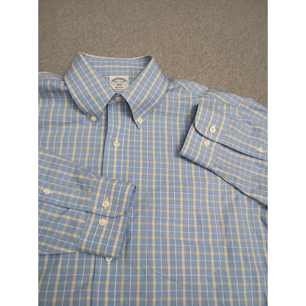 Brooks Brothers 1818 Regent Non-Iron Cotton Check Shirt Blue Yellow 15.5 2/3